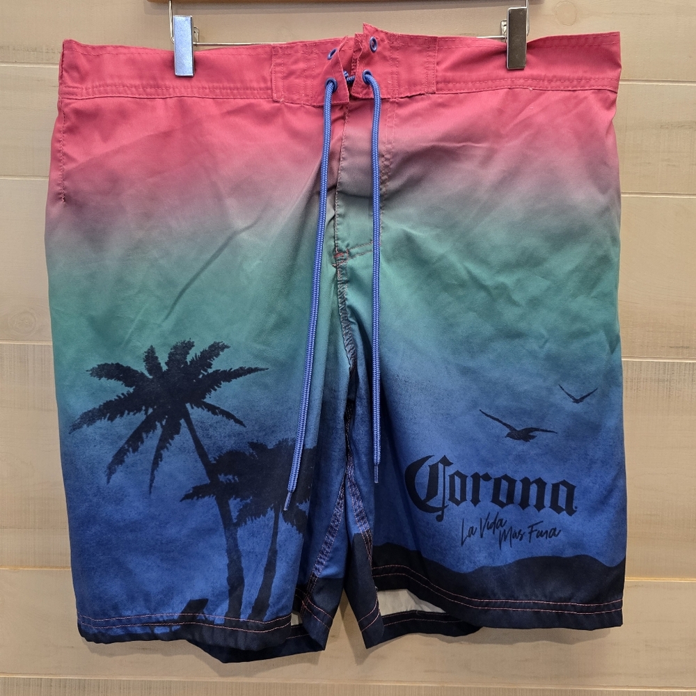 {L} Corona Sunset Tropical Boardshorts Swim Trunks Beer Alcohol Palm Trees